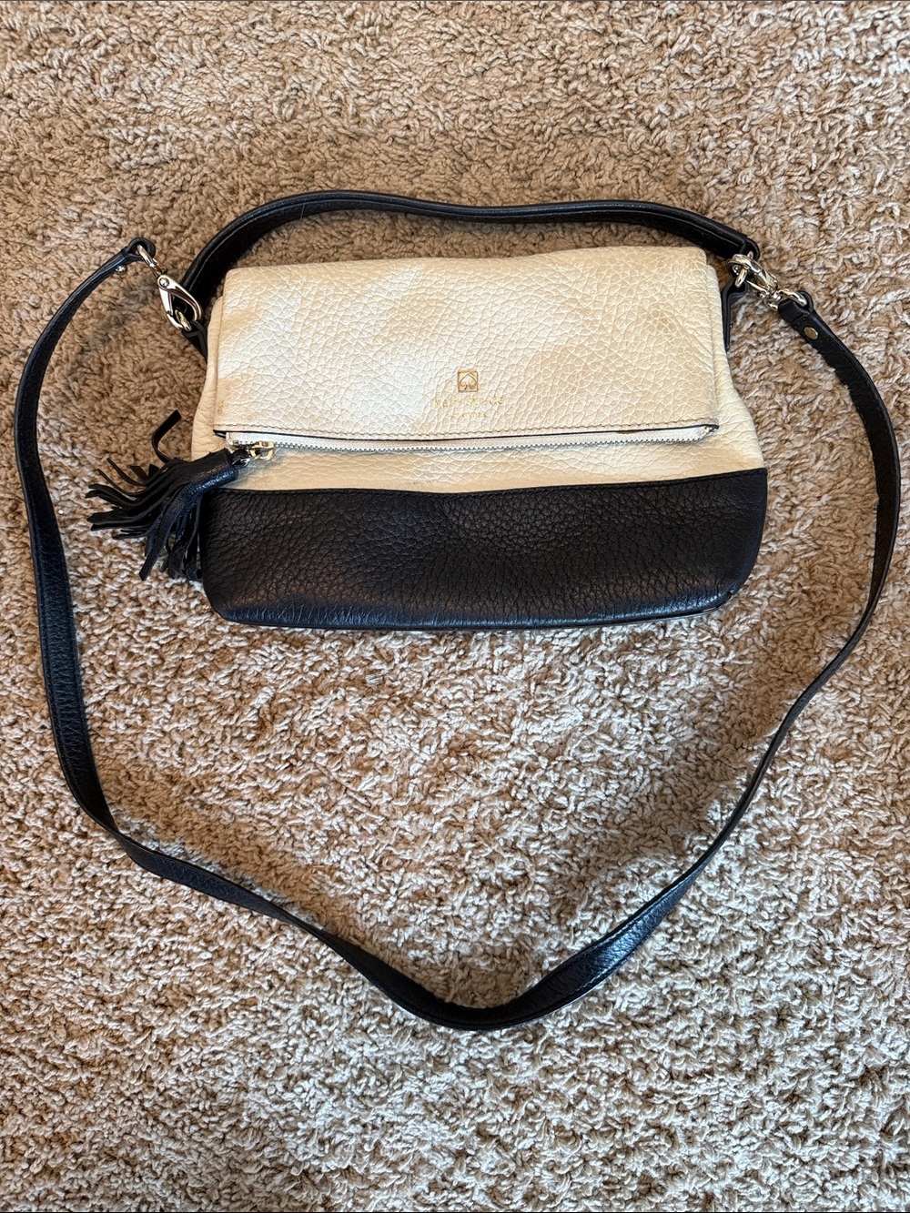 kate spade Black and Cream Pebbled Leather Crossbody with Tassel